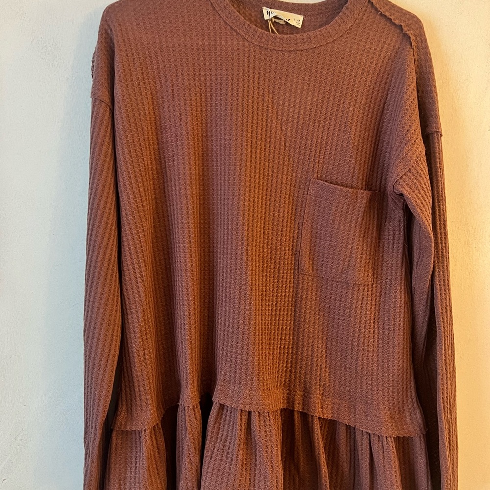 Elegant Brown Waffle Knit Long Sleeve Top